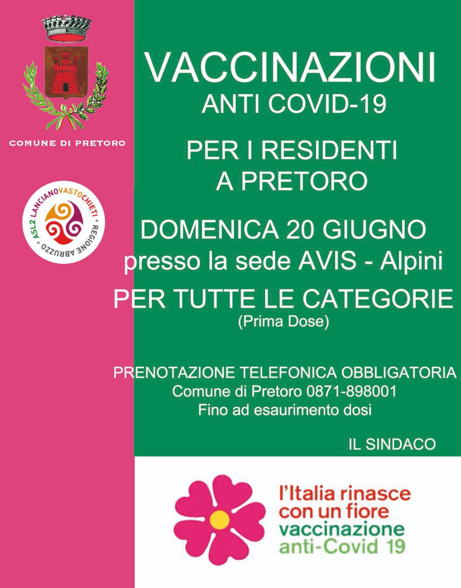 asl2abruzzo's tweet photo. #Vaccinazioni anti #Covid19, prima dose a #Pretoro per tutte le categorie domenica 20 giugno 2021 nella sede @AVISnazionale - #Alpini https://t.co/bgj0t2llR4
