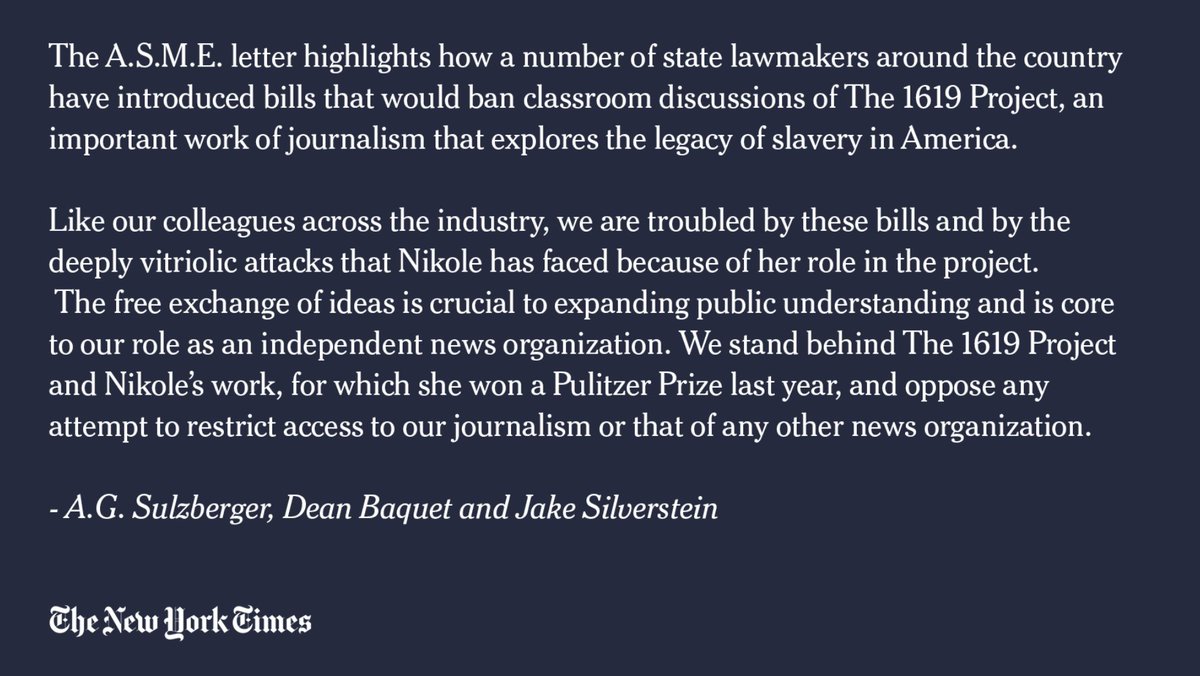 "We stand behind The 1619 Project and Nikole’s work, for which she won a Pulitzer Prize last year, and oppose any attempt to restrict access to our journalism or that of any other news organization.”
— NYT issues a statement strongly supporting The 1619 Project and @nhannahjones https://t.co/KVZfPoK3B4