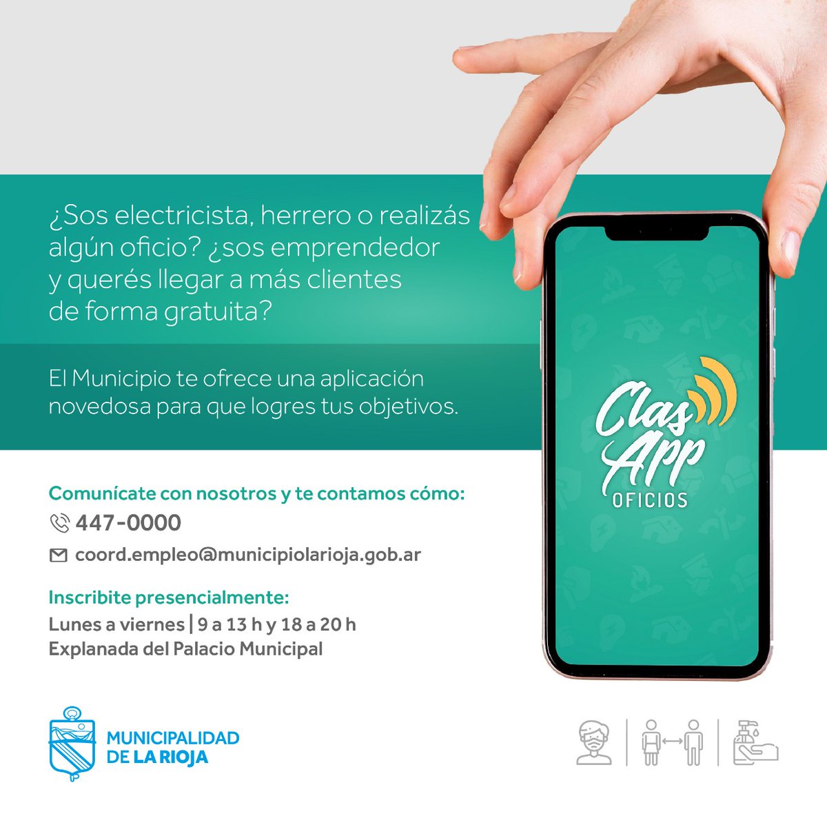 vividiaz48's tweet photo. Sabes algún oficio? Sos emprendedor y necesitas llegar mejor a tus clientes? 
El Municipio te ofrece #clasapp .Para más información comunícate  ☎️ 447-0000
coor.empleo@municipiolarioja.gob.ar
Inscribite de Lunes a Viernes de 9 a 13hs y de 18 a 20hs en la Explanada Municipal. https://t.co/vYQgWVfI3G
