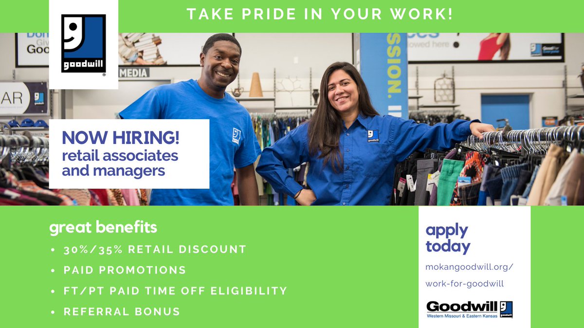WE’RE HIRING! We’re looking for enthusiastic new retail leaders and team members who want more than just a job. Opportunities exist in-store, back-room production and warehouse, donation attendants, and drivers. #GoodwillJobs

Find out more at ow.ly/nxdH50AvaLE