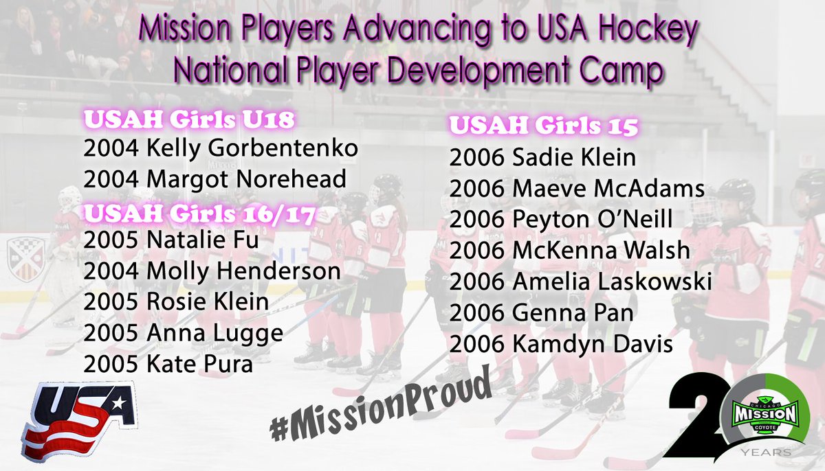 Congratulations and good luck to our Mission Girls Players Advancing to USA Hockey Camps !