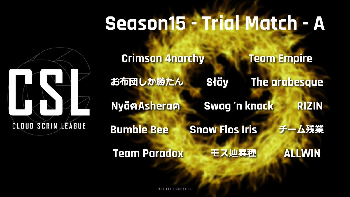 CSL_temp's tweet photo. 【CSL Season 15】
トライアルマッチのロースターはこちらです！

・Day1 6月16日　21:00〜
・Day2 6月17日　21:00〜

#csl 
#PUBG_MOBILE https://t.co/TcmEP9DKML