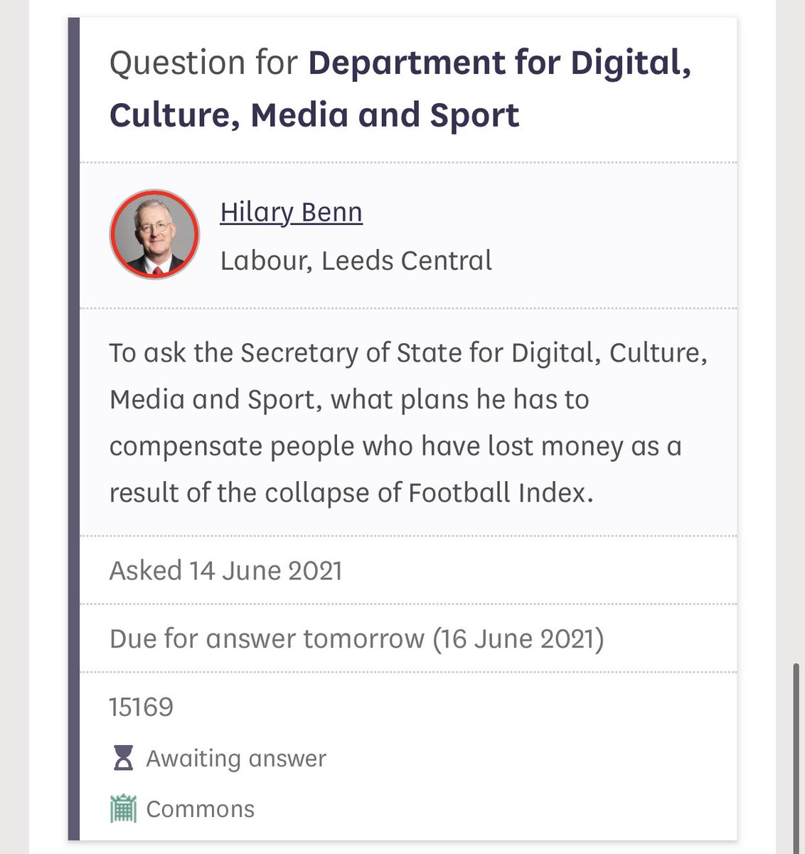 FI_Milanchester's tweet photo. NEW QUESTION: Hilary Benn MP (@hilarybennmp), tables question to @OliverDowden and @DCMS asking what plans he has to compensate people who have lost money as a result of the collapse of #FootballIndex https://t.co/I3jNOOv6gC