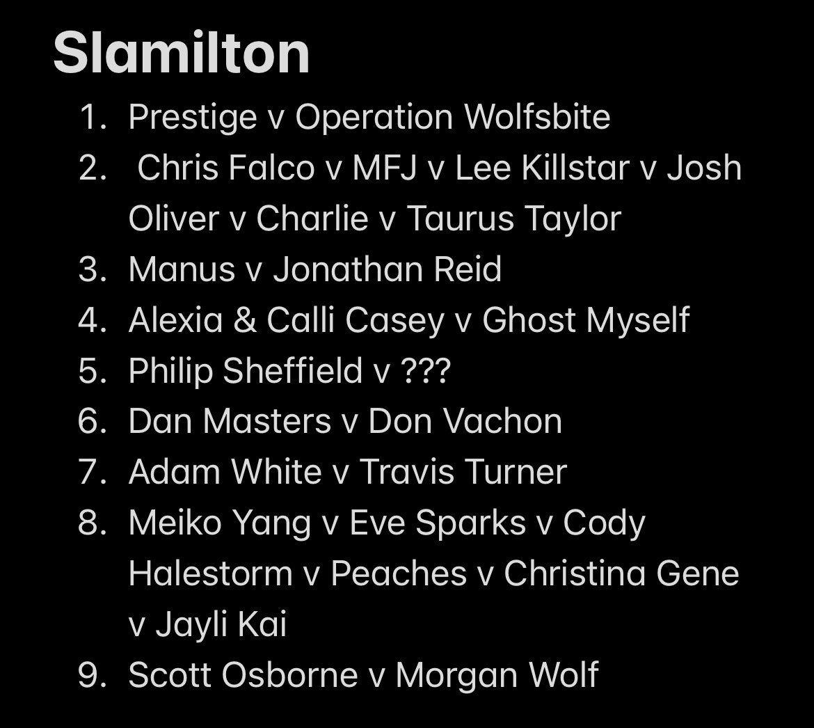 RTBWfed's tweet photo. Slamilton Card
1. @PrestigeCAW v @xJayCharleston &amp; @TheAmazingJess2 
2. @Chris_Falco_ v @MikeFlechaJr v @KillerStar1992 v @JoshOliverLOP v @Charlie2K_ v @MadDogTTaylor 
3. @ThicFlairWoo v @DeathOfReid 
4. @MsMamanatrix &amp; @CalliCasey2 v @KatieBisping &amp; @Tonii_Bagans https://t.co/JnteBNg1Kx