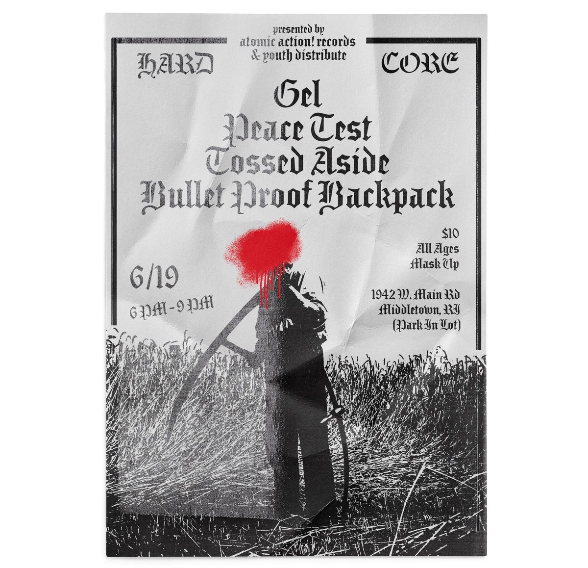 First <a href="/peacetesthc/">PEACE TEST</a> show back! 
Come through to see <a href="/GELhc/">🍑</a>, Tossed Aside, &amp; <a href="/BPBRIHC/">Bullet Proof Backpack</a> rock! 
S/O to @atomicaxrecords &amp; <a href="/Youthdistribute/">Youth Distribute</a> for making it happen.
[Flyer by myself]