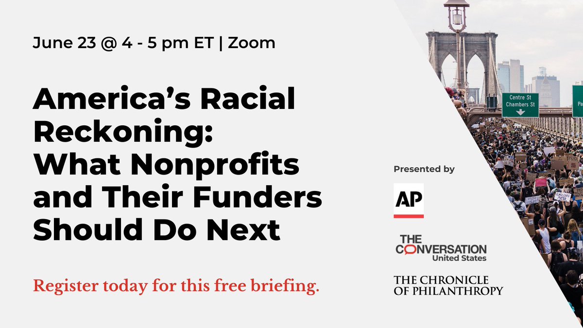 AP's tweet image. A year after billions of dollars were pledged to fight racial injustice, their impact remains unclear: apne.ws/5hokW4P
Join @AP, @ConversationEDU and @Philanthropy for a webinar on what nonprofits and their donors should do next: apne.ws/8kCdBEB