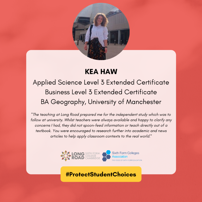 LR6FC's tweet photo. Long Road Sixth Form College supports the @SFCA_info in their campaign to #ProtectStudentChoices 

Every year, hundreds of students successfully achieve their #ProgressionGoals after completing their BTEC studies. Check out Kea's inspirational BTEC success story below... https://t.co/tCB5e9fxwS