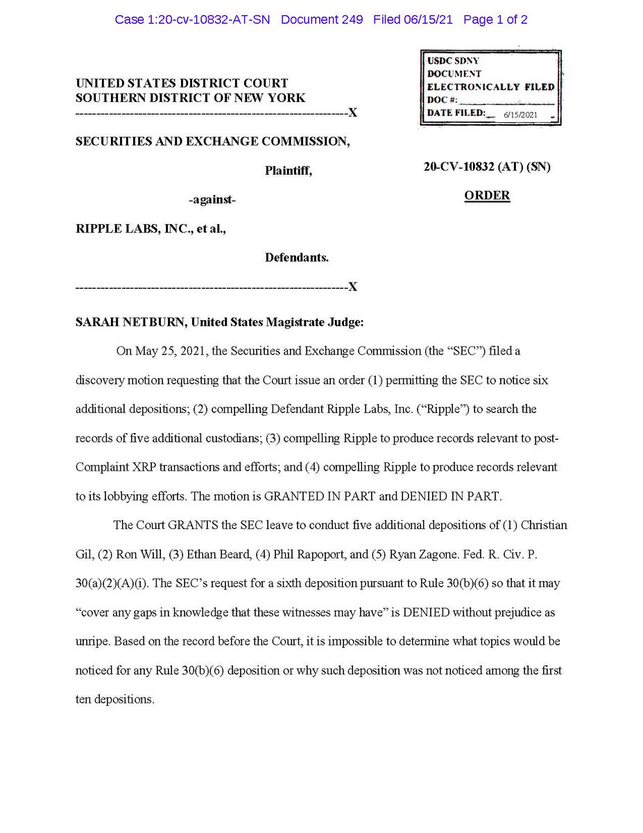 FilanLaw's tweet photo. #XRPCommunity #SEC_NEWS v. #Ripple #XRP Court grants in part the SEC's motion for additional depositions and denies SEC's request for documents post-dating the complaint, about Ripple's lobbying efforts and for documents from General Counsel and Deputy Counsel. Order below. https://t.co/hyqAVkQzVw
