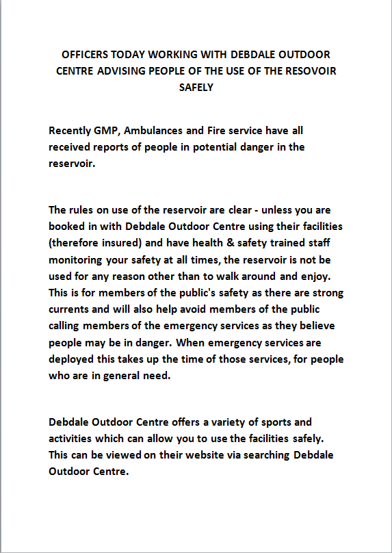 GMPGorton's tweet photo. Gorton Neighborhood Policing Team in partnership with @MCRActive at Debdale Outdoor Center will be actively patrolling Debdale Reservoir re the on going issues outlined in the picture post below. #DebdalePark @FriendsDebdale @Better_UK https://t.co/fafbnNzYs5