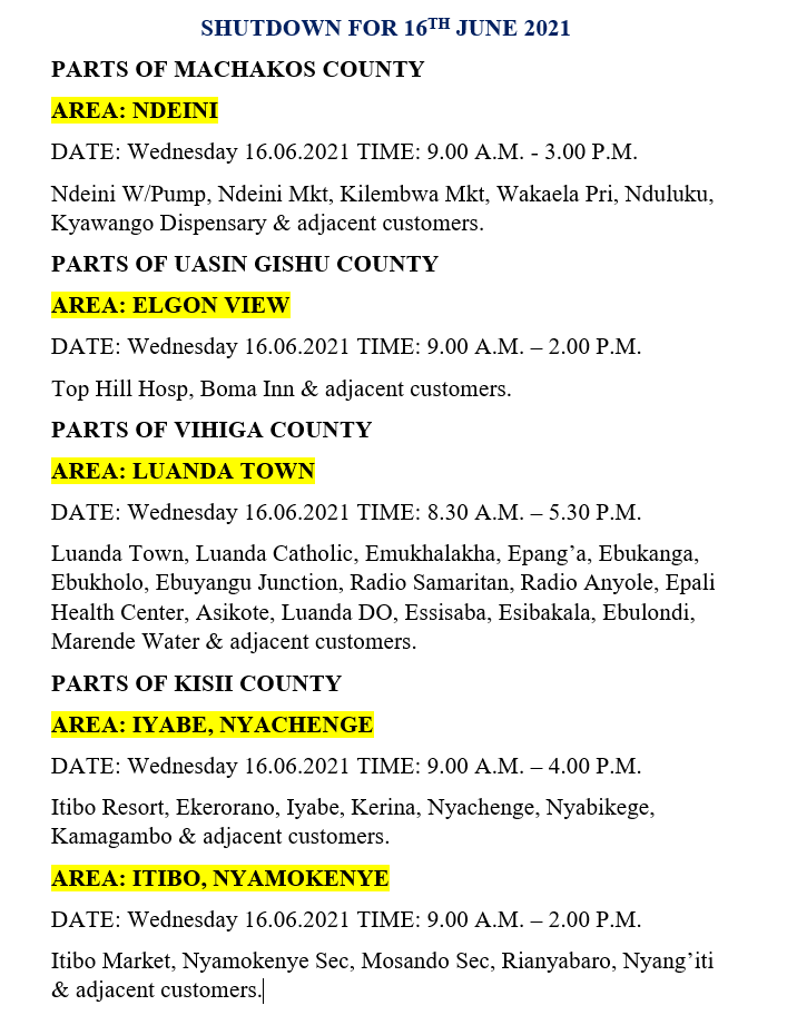 KenyaPower_Care's tweet photo. Hello. Please find scheduled maintenance for tomorrow, Wednesday 16th of June 2021.^MM https://t.co/GfzVVTlTjv
