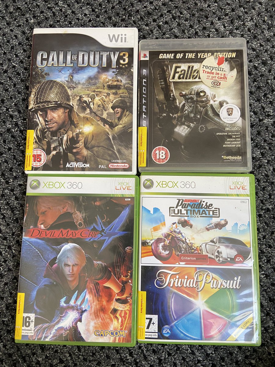 A few games added to the collection today 

#gamersunite #wii #ps3 #xbox360 #Fallout3 #DevilMayCry4 #CallofDuty3 #burnoutparadise
