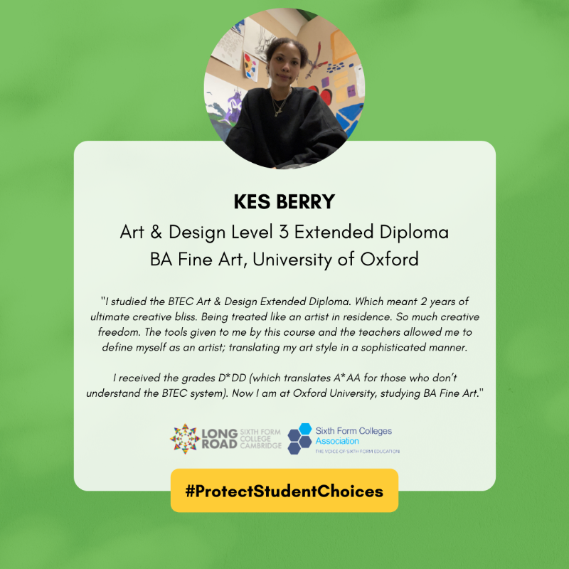 LR6FC's tweet photo. Long Road Sixth Form College supports the @SFCA_info in their campaign to #ProtectStudentChoices 

Every year, hundreds of students successfully achieve their #ProgressionGoals after completing their BTEC studies. Check out Kes's inspirational BTEC success story below... https://t.co/JMlG3KR5hu