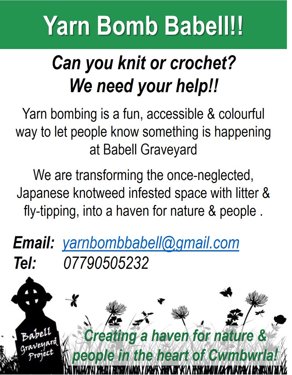 BabellGraveyard's tweet photo. Do you live in #Swansea &amp; #knit/ #crochet? What to help us #Yarnbomb Babell! This is a fun &amp; colourful way to let people know something is happening at #Babell #Graveyard as we transform the space into a haven for nature &amp; people in #Cwmbwrla yarnbombbabell@gmail.com 07790505232 https://t.co/FdzmzomQpM
