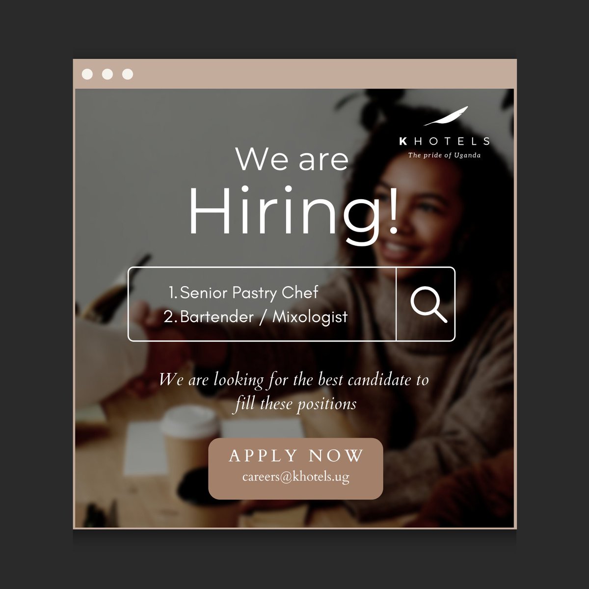 khotelsug's tweet photo. We are hiring for these positions!
PS: We accept applications only through our email or social media, we do not have any third party tie-ups.
#KHotels #Entebbe #Uganda #NowHiring #JobsInEntebbe https://t.co/FGMMIgXmqQ