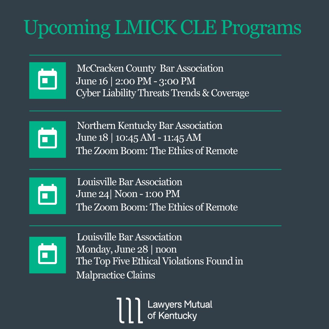 LMICK has partnered with @LouBarAssoc, @NKYBARASSN, and the McCracken County Bar Associations to present several ethics CLE programs to help you obtain your ethics requirement for Kentucky. Visit their website for information on how to register.