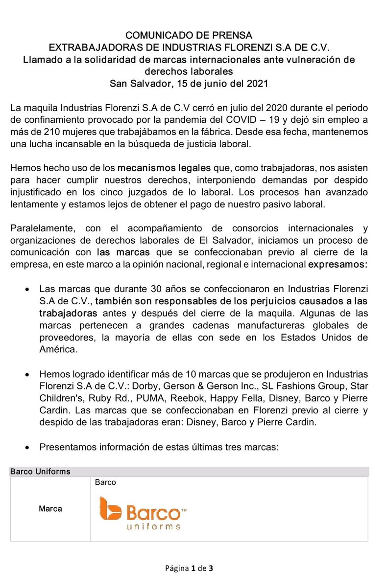 rdefensoras's tweet photo. 📣🚨#ComunicadoDePrensa🚨📣
📍 #IndustriasFlorenzi
📍 #AlertaDefensorasSV
📍 #DefenderALasDefensoras
📍 @IM_Defensoras
✍️ Llamado a la solidaridad de marcas internacionales ante vulneración de derechos laborales.👇 https://t.co/PaMulrsarl