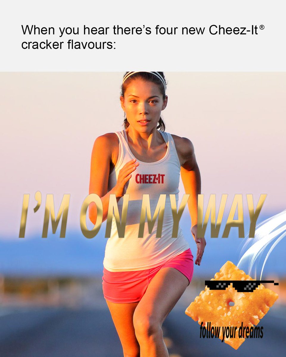 CheezItCA's tweet photo. Run and don’t stop until you think of the perfect Cheeme. Make a Cheez-It ® Cheeme, get a coupon, and try out Cheez-It ® crackers. #cheesycrunchysatisfaction
https://t.co/vN6T4Ry8Dk https://t.co/fBbiz2uHdN