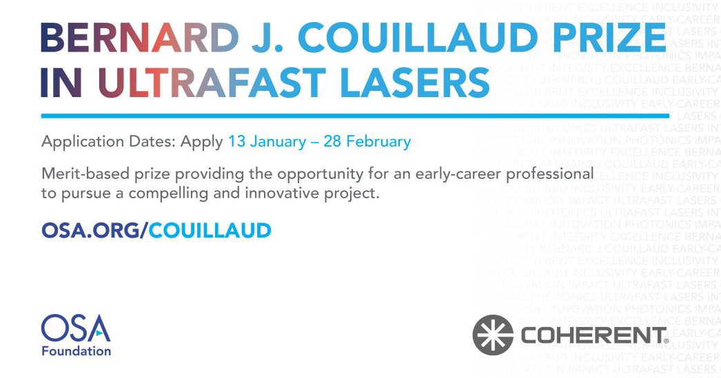 CoherentLaser's tweet image. #OSAFoundation and Coherent will announce the winner of the 3rd Bernard J. Couillaud prize during the Plenary Session of the virtual @PHOTONICSWORLD
Congress on June 21. 

Read more about the prize and previous winners: bit.ly/35oH1qU

#photonics #ultrafastlasers