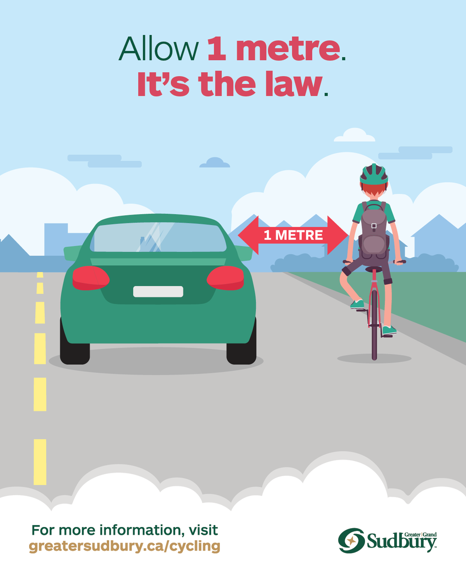In Ontario, it is the law to leave at least 1 meter between your vehicle and a person riding a bicycle, including when they are in a designated bike lane. #CGSBikeMonth
