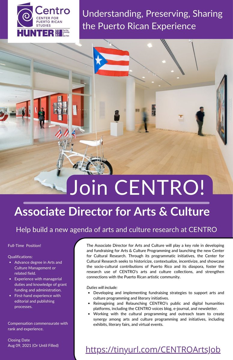 I am THRILLED to announce the creation of a new position of Associate Director of Arts and Culture at <a href="/CentroPR/">Centro PR</a>. Please forward this call for applications and help us find the talent we need to build and grew CENTRO in this exciting new direction.