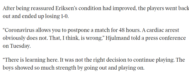 Millar_Colin's tweet photo. #DEN boss Kasper Hjulmand hugely damning on UEFA. Accuses them of lacking leadership and putting them in a dilemma after a harrowing emotional trauma: “The only real leadership would have been to put the players on a bus and send them home and then deal with it after." https://t.co/4Y8BdDmyvz