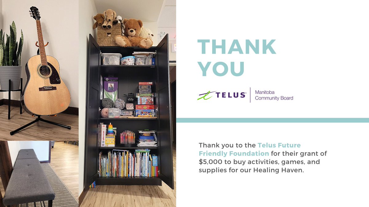 candacehousewpg's tweet image. Sharing gratitude for the Telus @FriendlyFuture foundation and their generous donation of $5,000. Their donation helped us to purchase games, activities, and other supplies for our Healing Haven for families to use during breaks, lunch, and jury deliberations. #FriendlyFuture