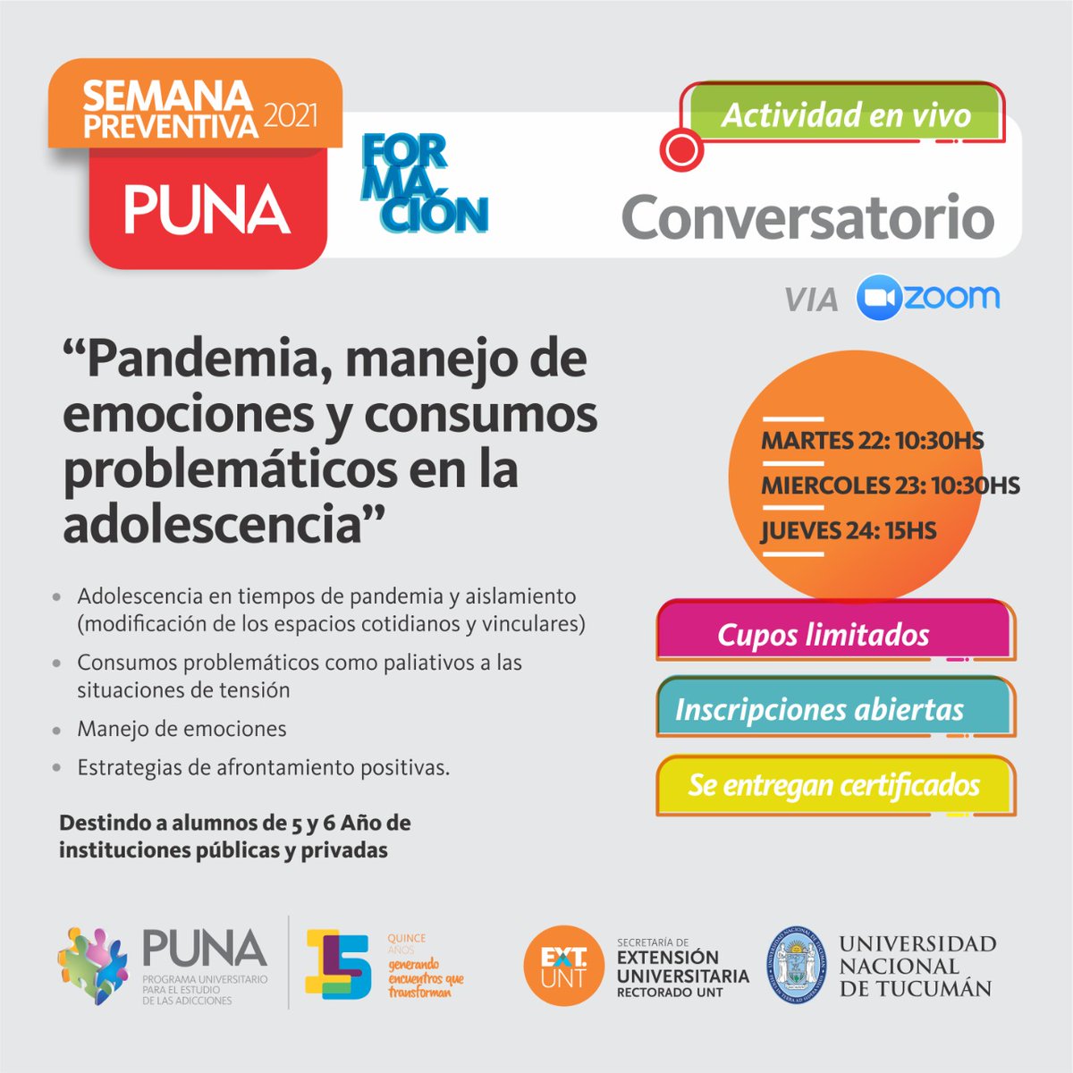 untpuna's tweet photo. #ActividadesGratuitas 
🔸Semana preventiva 2021🔸

Si sos docente de alguna institución educativa publica o privada, podes participar con tus alumnos

🤜🏼🤛🏽15 años generando encuentros que transforman.

#extensiónnosconecta @MarceloMirkin @ExtensionUnt @UntTuc https://t.co/jkgBmHpafp