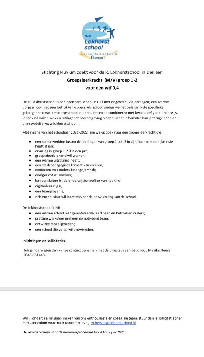 Vacatures in de onderbouw bij onze scholen in Rumpt en in Deil. Daarnaast ook nog een wtf 0.2 vacature voor een intern begeleider in Deil. Wees welkom!