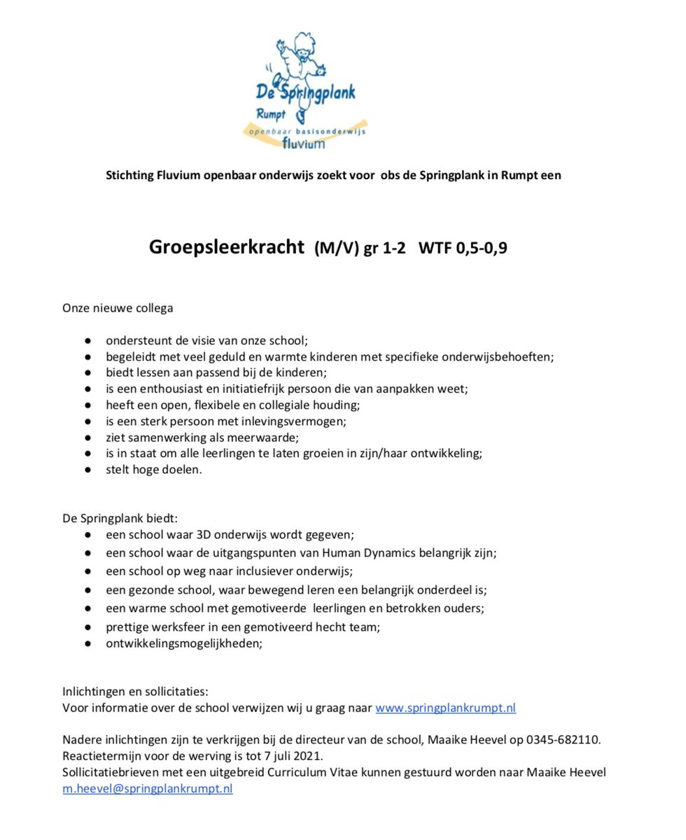 FluviumOo's tweet photo. Vacatures in de onderbouw bij onze scholen in Rumpt en in Deil. Daarnaast ook nog een wtf 0.2 vacature voor een intern begeleider in Deil. Wees welkom! https://t.co/KddIkpx9Yg