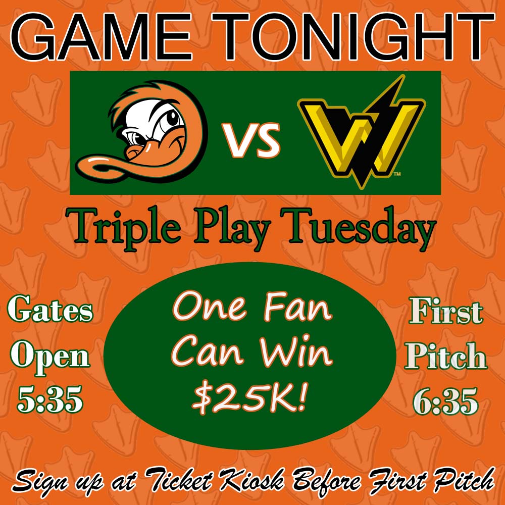 LIDucks's tweet photo. Our three-game series against the @wv_power begins tonight. It's #TriplePlayTuesday, and one lucky fan can win $25,000 if the Ducks turn a triple play! Sign up at the Ticket Kiosk before first pitch.
Gates open at 5:35, and first pitch is at 6:35.
๐ฐ: https://t.co/Huovr47s79 https://t.co/bKqp8CdanB