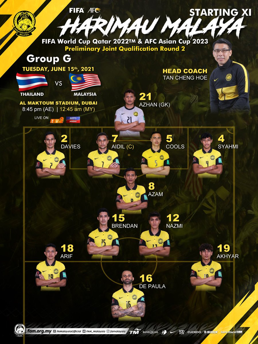 FAM_Malaysia's tweet photo. KESEBELASAN UTAMA HARIMAU MALAYA

Kelayakan Piala Dunia 2022/Piala Asia 2023 | 15 Jun 2021 (Waktu UAE)

THAILAND 🇹🇭 lwn 🇲🇾 MALAYSIA 

Sepak mula 8.45 malam (Waktu UAE) / 12.45 tengah malam 16 Jun (Waktu Malaysia)

#FAM #HarimauMalaya #AsianQualifiers https://t.co/xNK0dmNi69