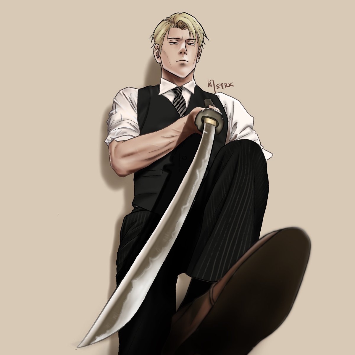 1boy male focus weapon blonde hair sword solo necktie  illustration images