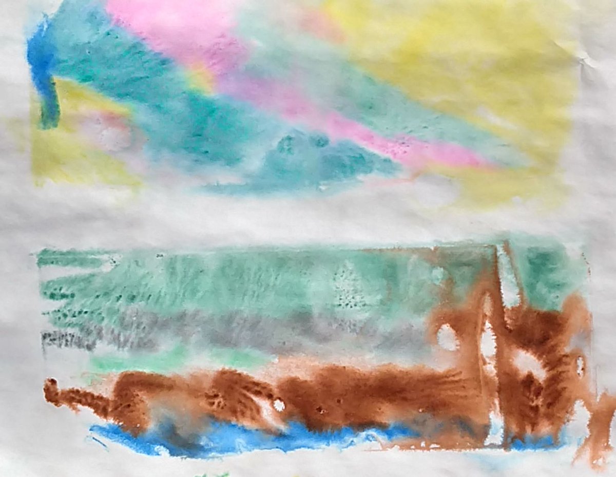 KarlKoehle's tweet image. My Monoprint. 
Washable markers on plastic wrap, then pressed with a damp paper. Great for #KidsArt project.