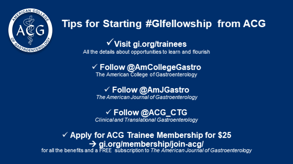 ACG (@amcollegegastro) on Twitter photo Dr. Obineme's🧵has his own personal tips for 1st yr #GIfellowship⬇️
➕ACG adds more as #GIfellows start new role as the #FutureofGI
✔️great benefits
✔️great opportunities
✔️great journals <a href="/AmJGastro/">AJG - The American Journal of Gastroenterology</a> <a href="/ACG_CTG/">ACG_CTG</a> #ACGCRJ
✔️great meetings
✔️great #GIcommunity
➡️gi.org/trainees Dr. Obineme's🧵has his own personal tips for 1st yr #GIfellowship⬇️
➕ACG adds more as #GIfellows start new role as the #FutureofGI
✔️great benefits
✔️great opportunities
✔️great journals <a href="/AmJGastro/">AJG - The American Journal of Gastroenterology</a> <a href="/ACG_CTG/">ACG_CTG</a> #ACGCRJ
✔️great meetings
✔️great #GIcommunity
➡️gi.org/trainees