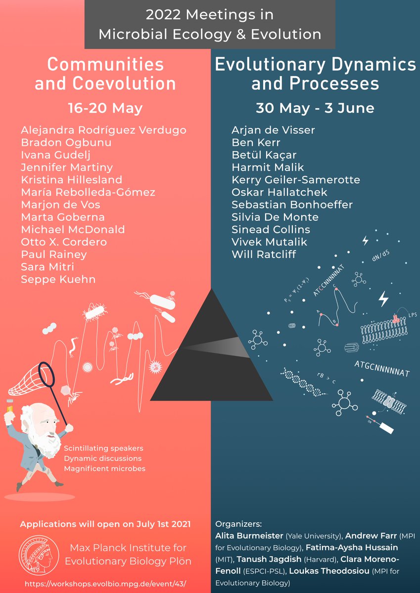 Incredibly excited to announce two *in-person* &amp; 100% trainee-organized meetings in Summer 2022.

The first on microbial communities and coevolution. The second on core evolutionary dynamics and population genetics - workshops.evolbio.mpg.de/event/43/

Please help share and retweet! (1/6)