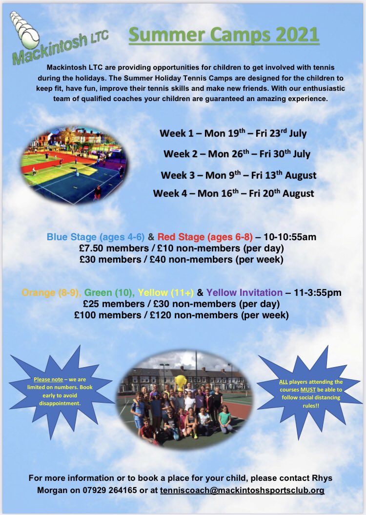 MackintoshLTC's tweet photo. 🎾☀️Mackintosh LTC Summer Holiday Tennis Camps 2021 ☀️🎾

🎾 Keep your kids active during the holidays
🎾 Learn to play tennis &amp; improve skills
🎾 Make new friends

Please see the link below with more details:
https://t.co/uKf8XVAY1Y https://t.co/sTOkmUyjvW