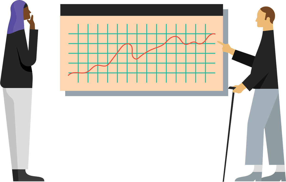 Illustration of a person wearing a hijab next to a person with a cane reviewing a large line graph