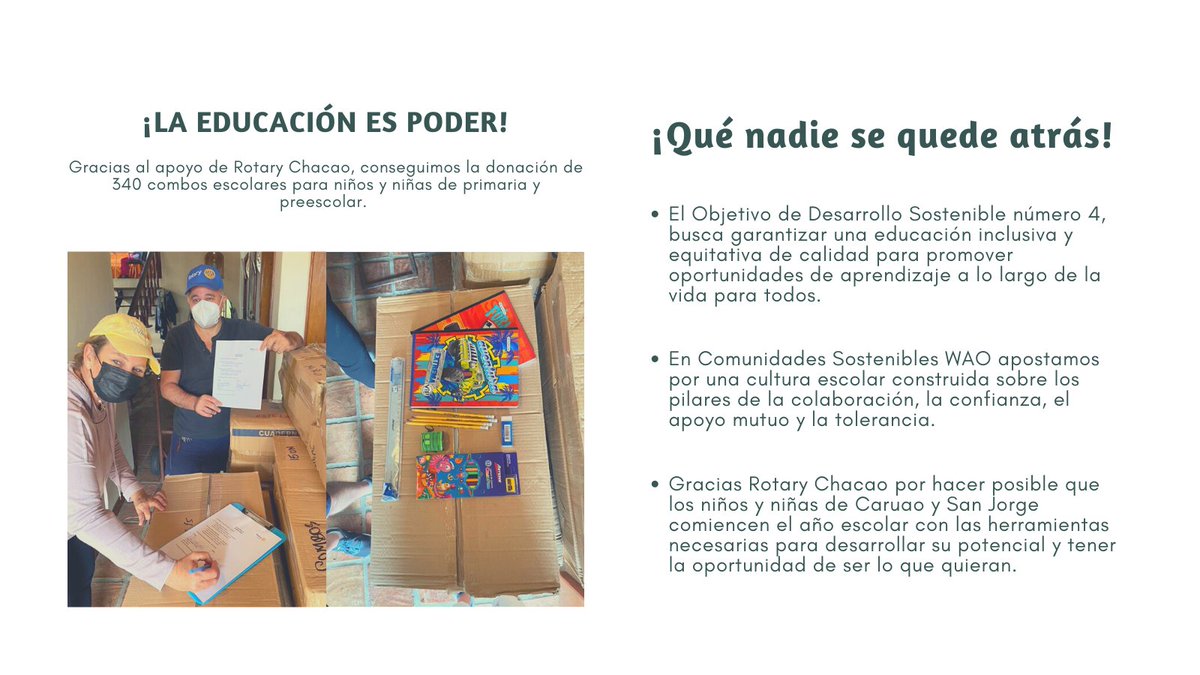 sitioswao's tweet photo. La educación es poder. Poder para imaginar otro futura y construir una sociedad más justa.

Gracias @Rotary Chacao por hacer posible que los niños y niñas de Caruao y San Jorge comiencen el año escolar con las herramientas necesarias para desarrollar su potencial.

#ods4 #CSW https://t.co/8o3z2XvJZM