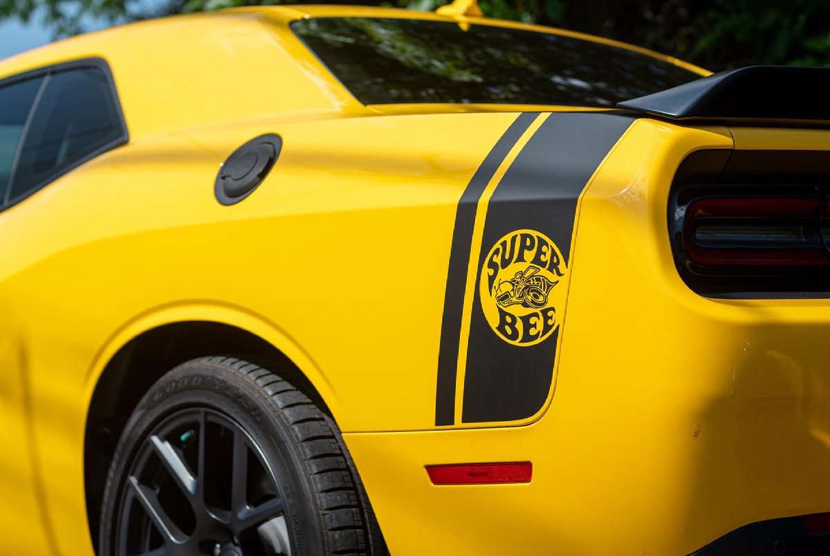 RoyalCustomsLLC's tweet photo. This Challenger got some rad aesthetic upgrades - with bumblebee striping and a hood wrap in @3M 2080 Deep Matte Black 🐝

Our prices won’t sting you like a bee though 😉 https://t.co/vWuXlQArV0