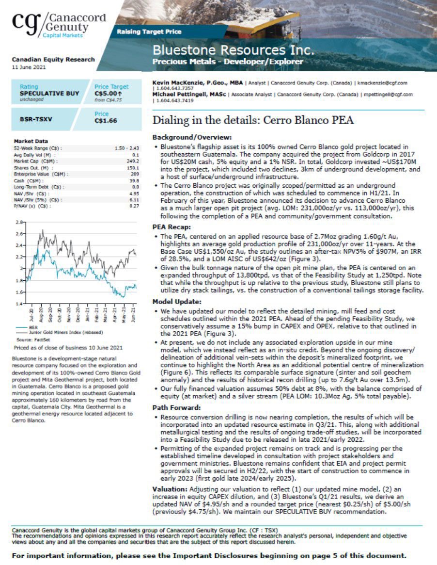 Cannacord is dialling in the details of our Cerro Blanco Gold Project and increases their target price on #BluestoneResources to C$5.00/share. More catalysts coming soon 🚀