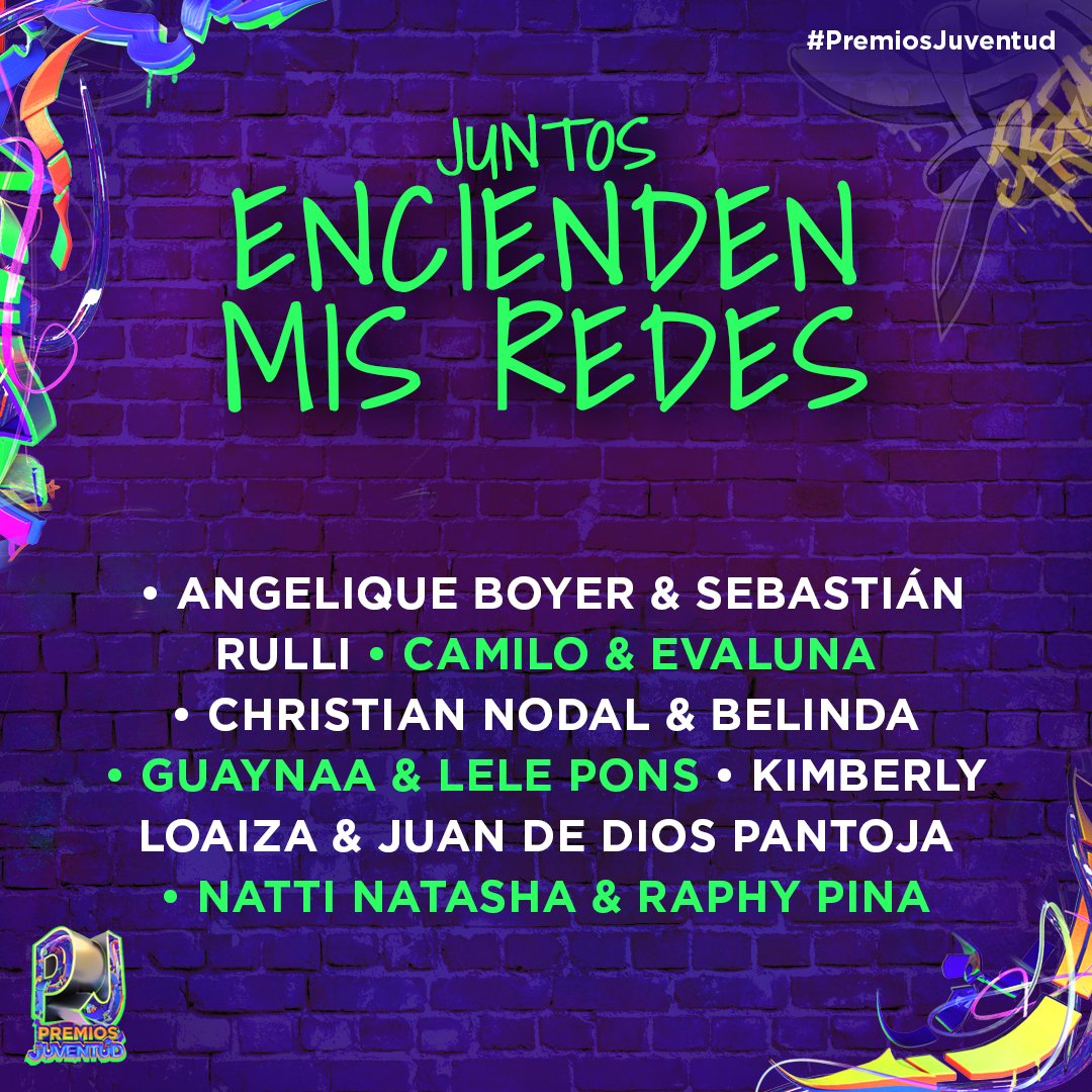 PremiosJuventud's tweet photo. Estos son los nominados a Juntos Encienden Mis Redes en #PremiosJuventud.

@Anboy88 @sebastianrulli @CamiloMusica @Montanerevaluna @elnodal @belindapop @lelepons @Guaynaa_ @KimberlyLoaiza_ @Juandedios_P @NattiNatasha @PINARECORDS1 https://t.co/dyX74oVUZ2