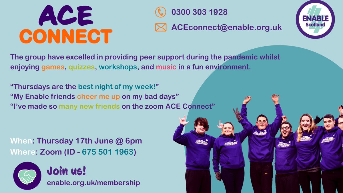 Enable_Tweets's tweet photo. This week at #ACEYouth we are looking to beat #loneliness. Our groups are great way to  make new friends and stay connected. #LonelinessAwarenessWeek #LetsTalkLoneliness

⏰ Thursday 17th at 6pm
💻 Zoom (Link: 675 501 1963)

☎️0300 303 1928 or aceconnect@enable.org.uk https://t.co/x6oSXsZlwQ