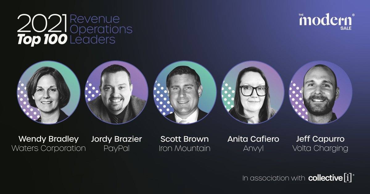 Congratulations on being selected as Top 100 Rev Ops Leaders of 2021! <a href="/TheModernSale/">The Modern Sale</a>

Wendy Bradley | <a href="/WatersCorp/">Waters Corporation</a>
        
Jordy Brazier | <a href="/PayPal/">PayPal</a>

Scott Brown | <a href="/IronMountain/">Iron Mountain</a>

@AnitaCafiero1 | <a href="/TeamAnvyl/">Anvyl</a>

<a href="/jcapurro5/">Jeff Capurro</a> | @VoltaCharging
 
#REVOPS100 themodernsale.com/2021/06/14/top…