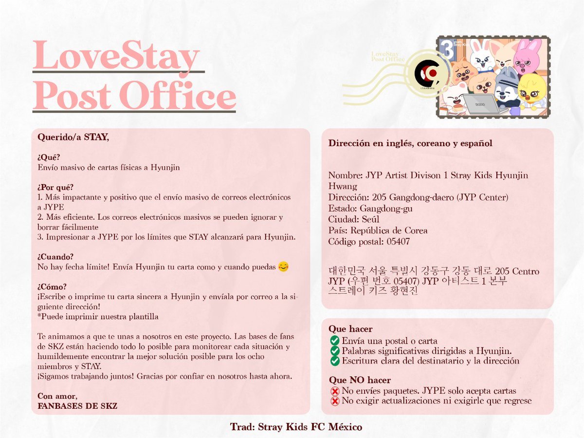 Stray_KidsMex's tweet photo. [LOVESTAY POST OFFICE 💌]

Extrañas a Hyunjin? Únetenos vamos enviar cartas físicas!

Más información abajo⬇️

Periodo: Envíale el correo cuando puedas!

Una #LoveSTAYMail para mostrar tu participación en este proyecto ❤️

#StrayKids #스트레이키즈 
@Stray_Kids https://t.co/yNcadXynFD
