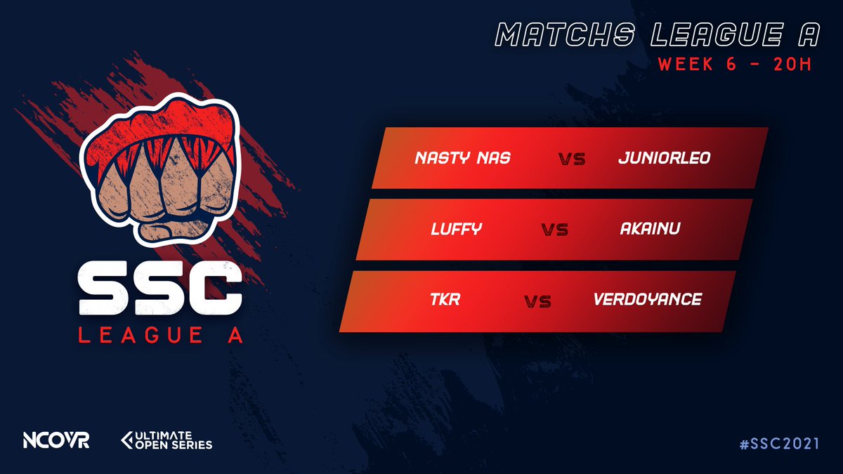 Ce soir, avant dernière journée de la ligue A du SSC 🥊 !

@Nas_SFV vs <a href="/JuniorL3o/">JuniorLéo</a> 
<a href="/Louffy086/">Olivier Hay</a> vs <a href="/Akainuuuuu/">Akainu</a> 
<a href="/TKResport/">TKR</a> vs <a href="/Verdoyance/">Clém 🍂</a> 

🕗20h
📺twitch.tv/luffy086

#SSC2021