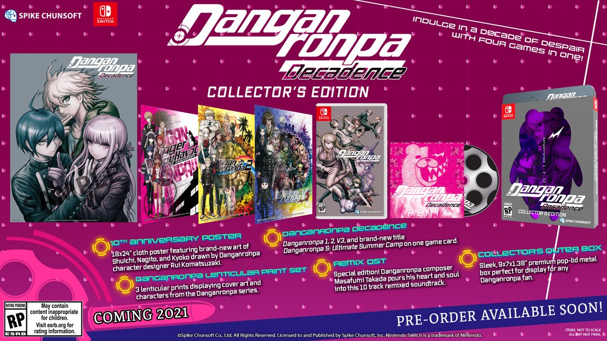 SpikeChunsoft_e's tweet image. #Danganronpa is coming to Nintendo Switch later this year!
Danganronpa Decadence includes Danganronpa 1, 2, V3 and the brand-new title Danganronpa S: Ultimate Summer Camp!
Standard &amp;amp; Collector&apos;s Edition will be available for pre-order soon!

Learn more:
danganronpa.com/switch/en/