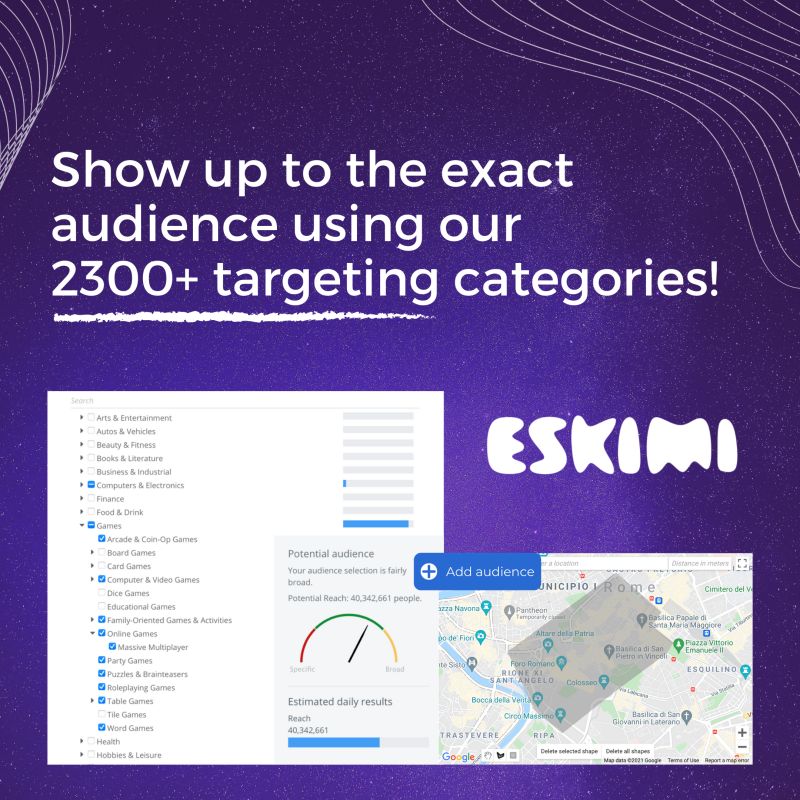 Mr_Chuxx's tweet image. Did you know you can personalise campaigns through #targeting? Create audiences for your campaigns on Eskimi's #AdTech platform via 2300 targeting categories. Reach people that you deem to be interested in what your #brand has to show. All details - here: https://cutt.​ly/qnTceLF