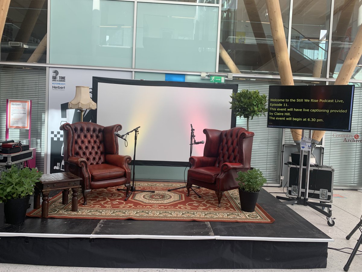 Stage set up ready for the launch of @caragcoventry podcast 'Still I Rise'. with special guest @GulwaliP. SOULD OUT1!!!! #RefugeeWeek2021 #Coventrywelcomes2021 #CoventryMoves #WecantWalkalone
