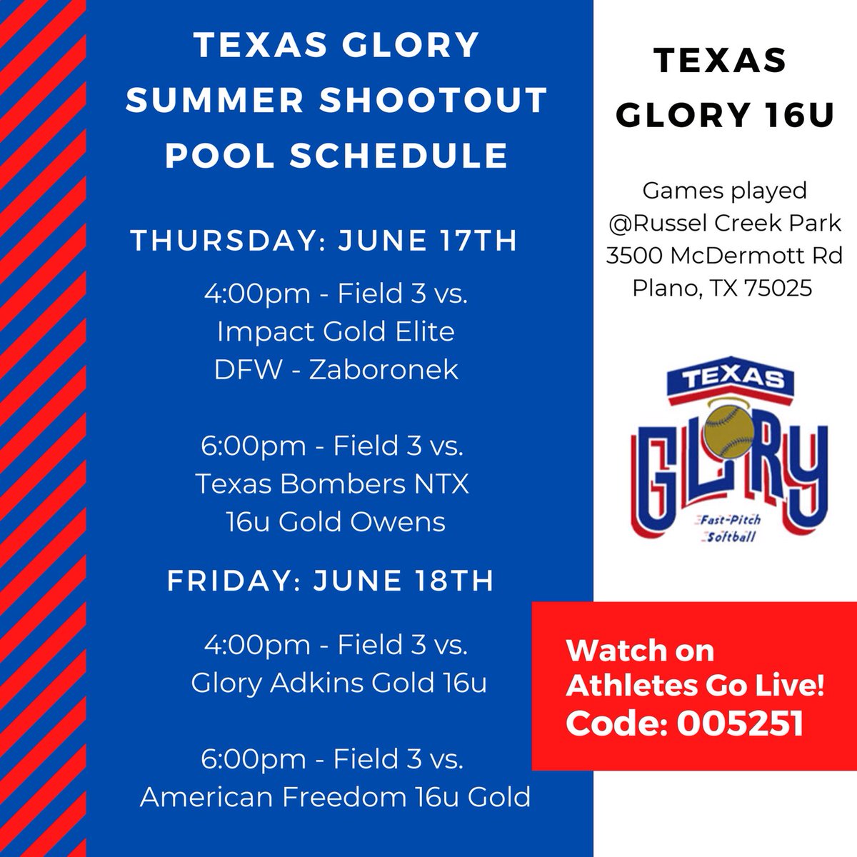 We’re excited to play in the ⁦<a href="/TexasGlory/">Texas Glory</a>⁩ Summer Shootout this weekend! Action starts this Thursday at 4 pm. Many thanks to our very own ⁦<a href="/20_chernandez/">Cadence Hernandez</a>⁩ for the awesome graphic! She also drops 💣💣💣