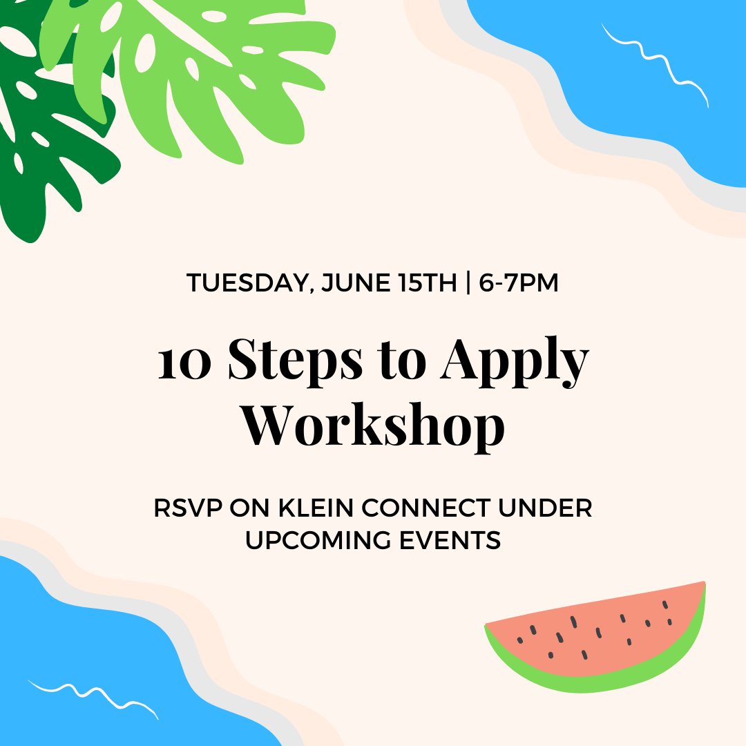 TONIGHT @ 6PM: We’ll show you the 10 essential steps every job applicant needs to take before you hit the send button in your application. Don’t miss this workshop that breaks it down for you one step at a time. Find the Zoom link in Klein Connect under Upcoming events!